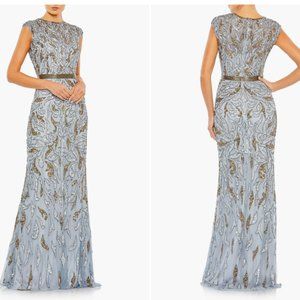 MAC DUGGAL 5532 EMBELLISHED ILLUSIONS CAP SLEEVE COLUMN PLATINUM GOLD GOWN sz 10
